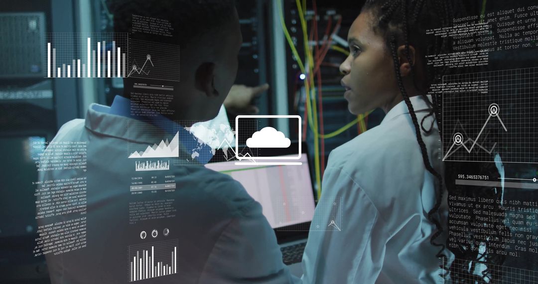 Data Engineers Analyzing Cloud Solutions in Modern Server Room