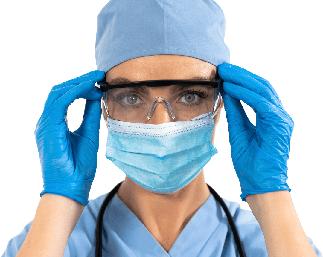 Transparent Healthcare Worker Adjusting Protective Glasses