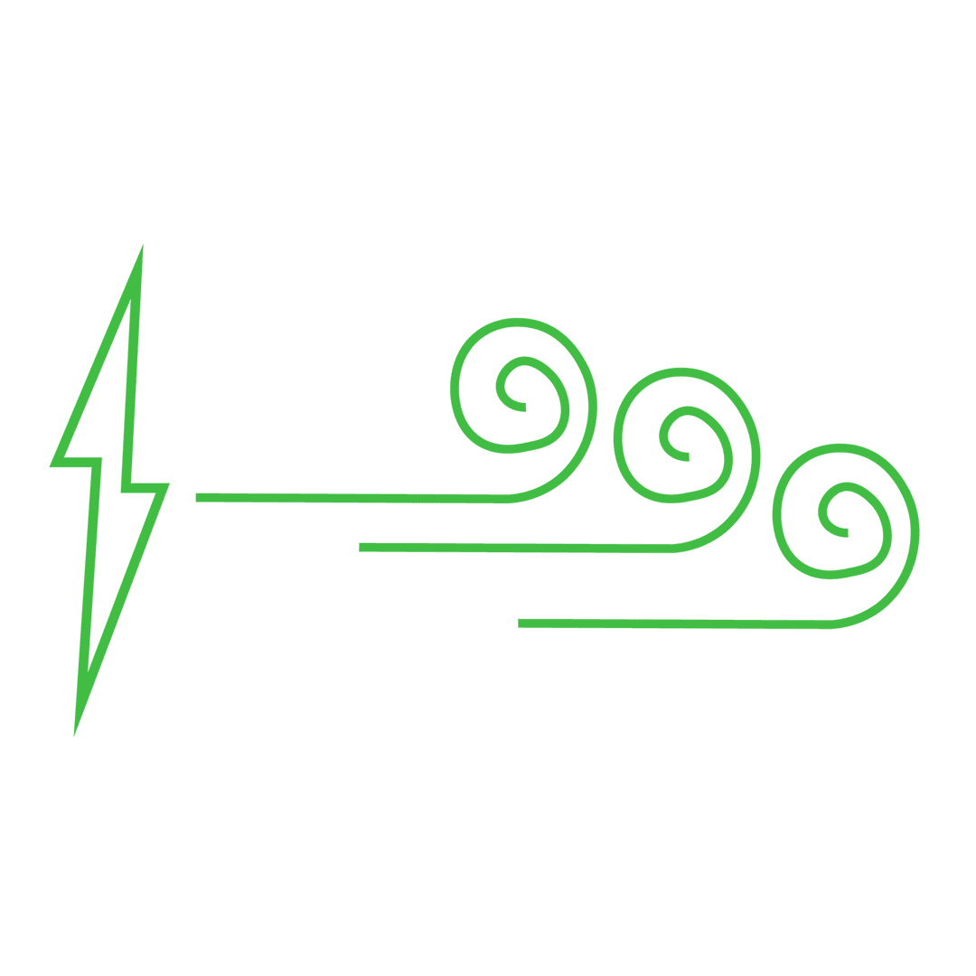 Green Lightning and Swirling Clouds Icon on Transparent Background