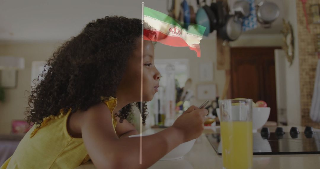 Young Girl Enjoying Breakfast with Fresh Juice at Home Counter