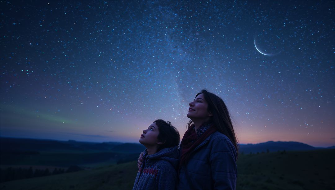 Mother and Daughter Enjoy Night Sky under Crescent Moon
