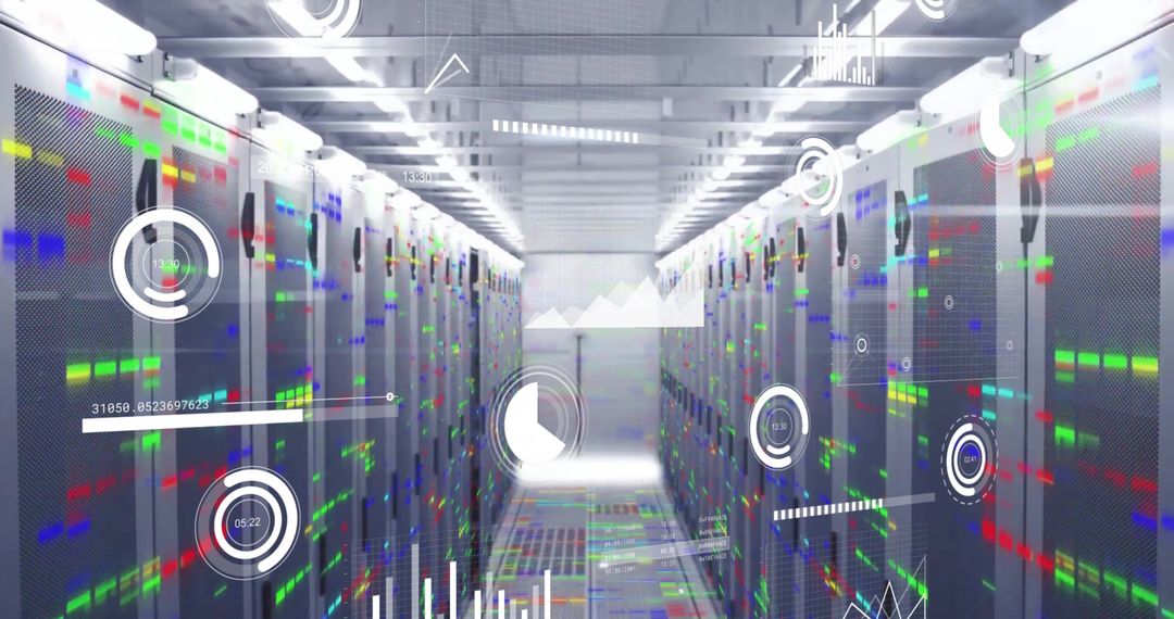 Futuristic Data Center with Digital Infographics in Technology Environment