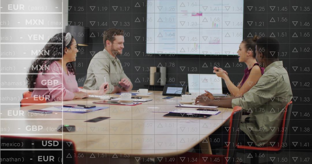 Diverse Team Collaborating in Stock Market Office Meeting