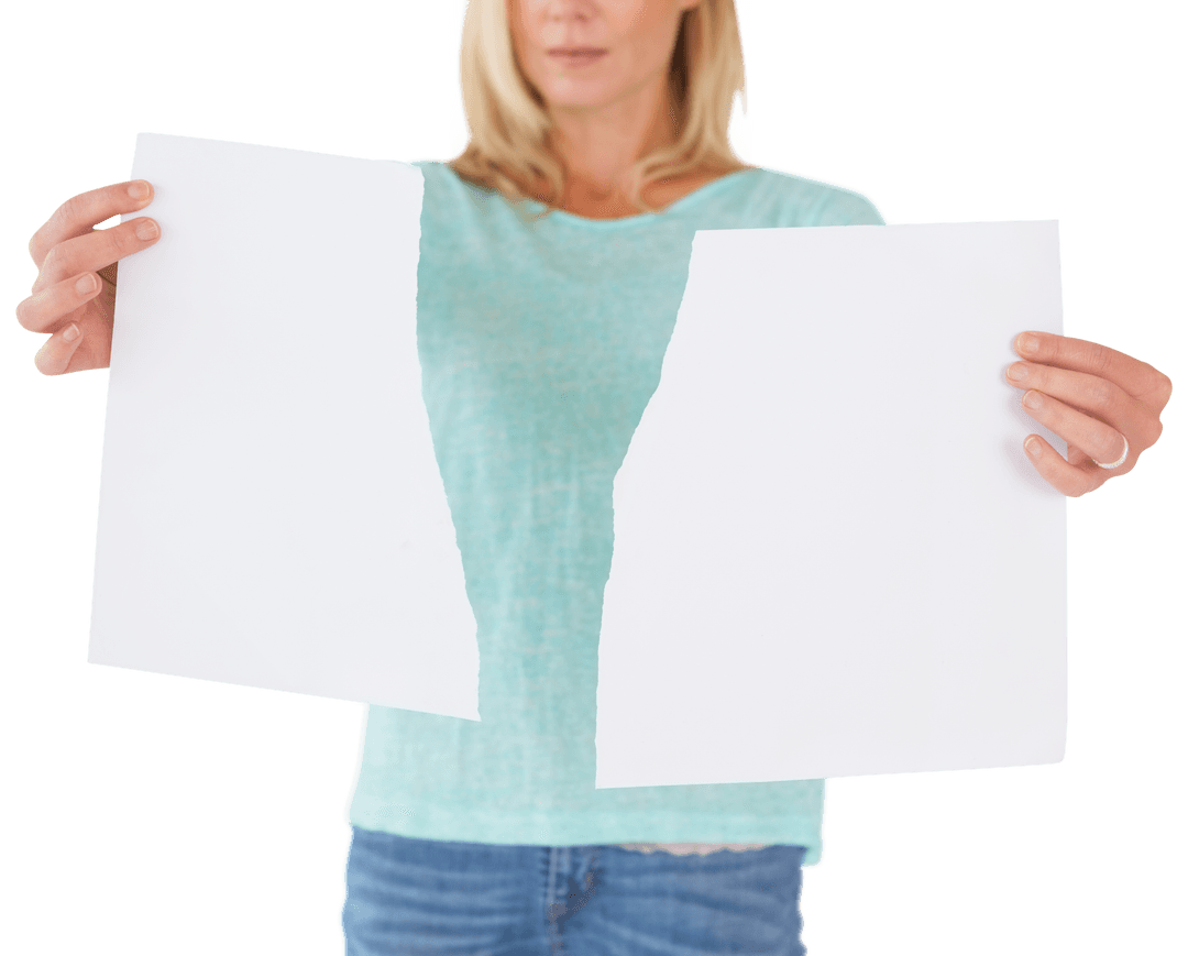 Woman Holding Torn Paper White Background Transparent Effect
