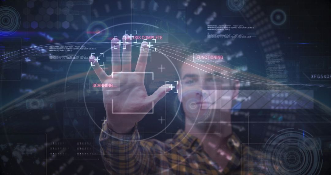Caucasian Man Scanning Hand in Futuristic Digital Interface