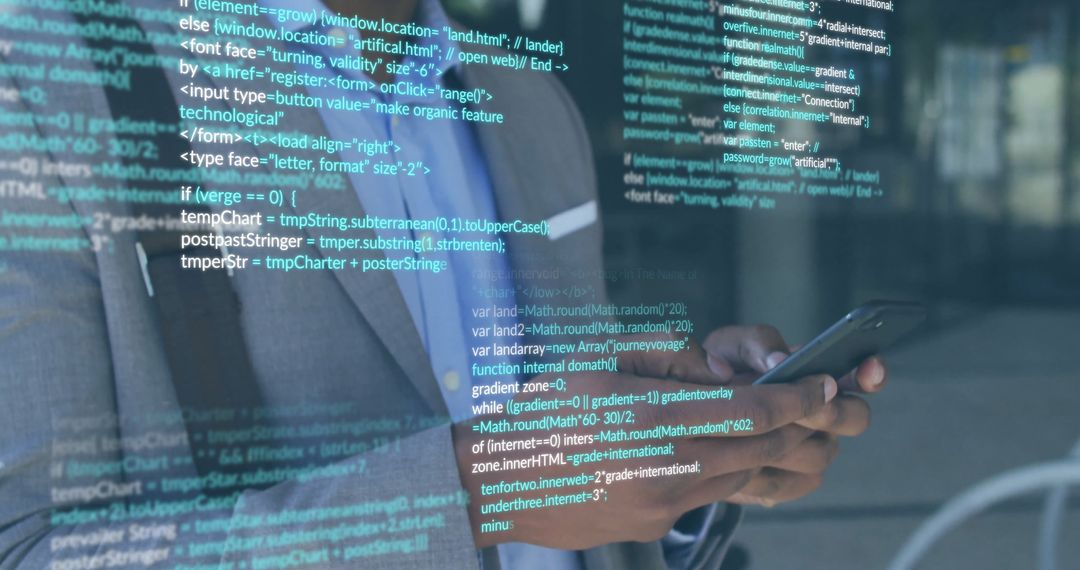 Businessman Engaging with Code and Digital Network Interface