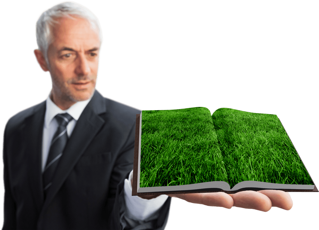 Businessman Presenting Open Book with Green Grass Pages on Transparent Background