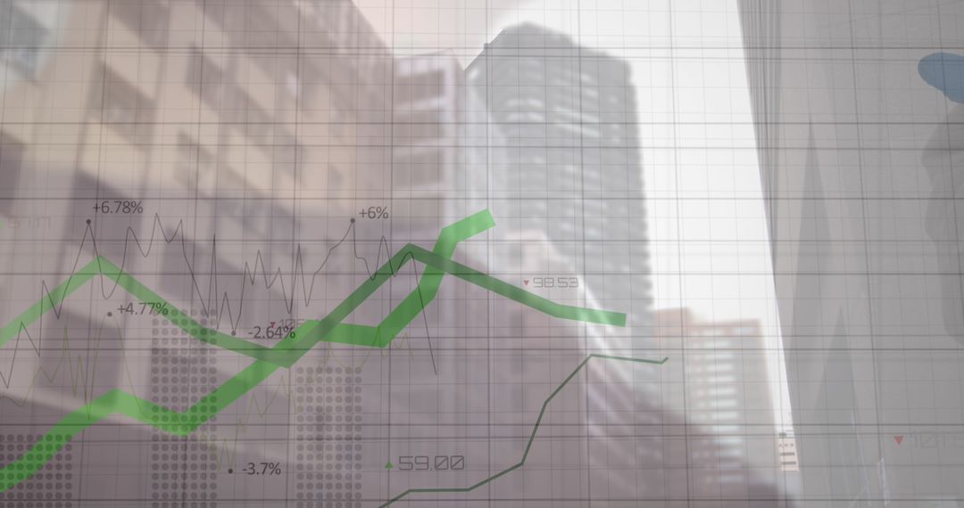 Financial Data Overlay Above Urban Skyline