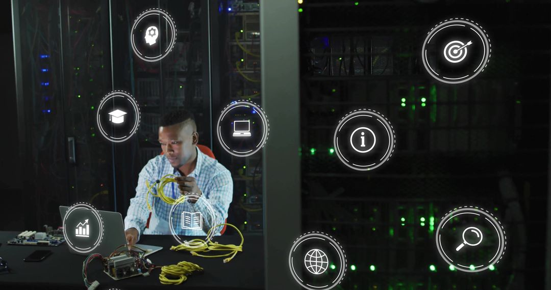 Technician Configuring Networking Cables in Data Center Environment
