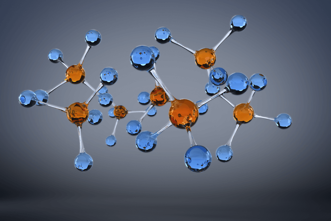 Scientific Illustration of Blue and Orange Molecules on Transparent Background