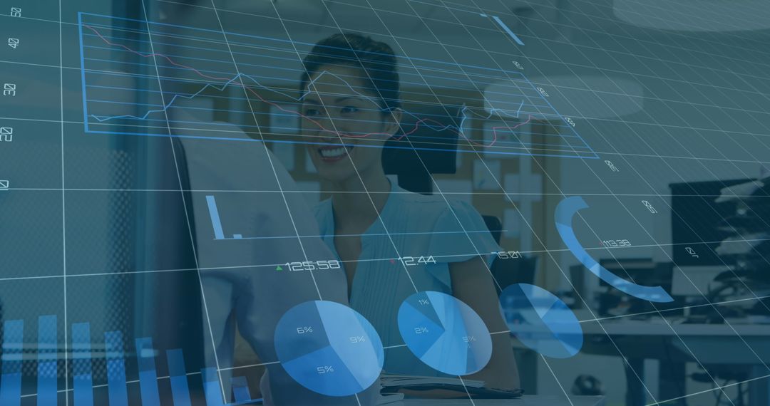 Smiling Professionals Analyzing Digital Data in Modern Office