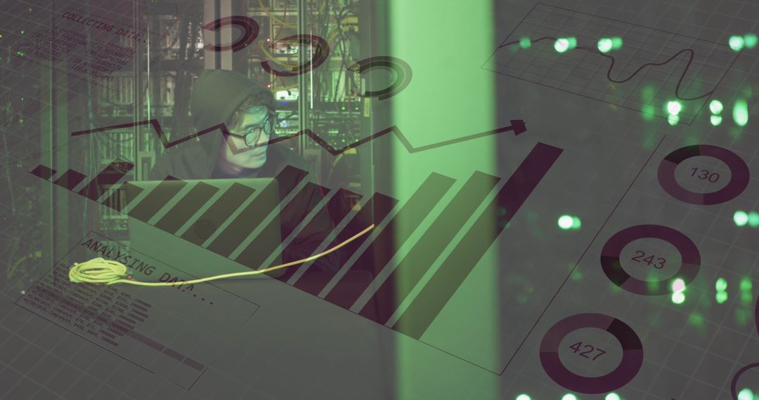 Hacker Analyzing Data in Server Room with Digital Overlay