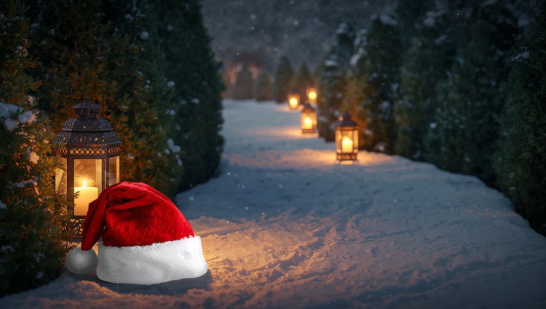 Resting Santa Hat on Candlelit Snow Path Lined with Evergreen Hedges at Twilight