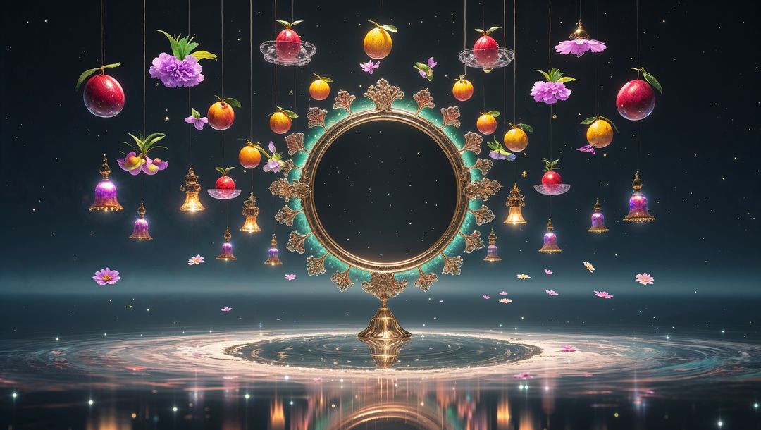 Ornate circular frame dangling fruits and objects in starry void, vishu festival