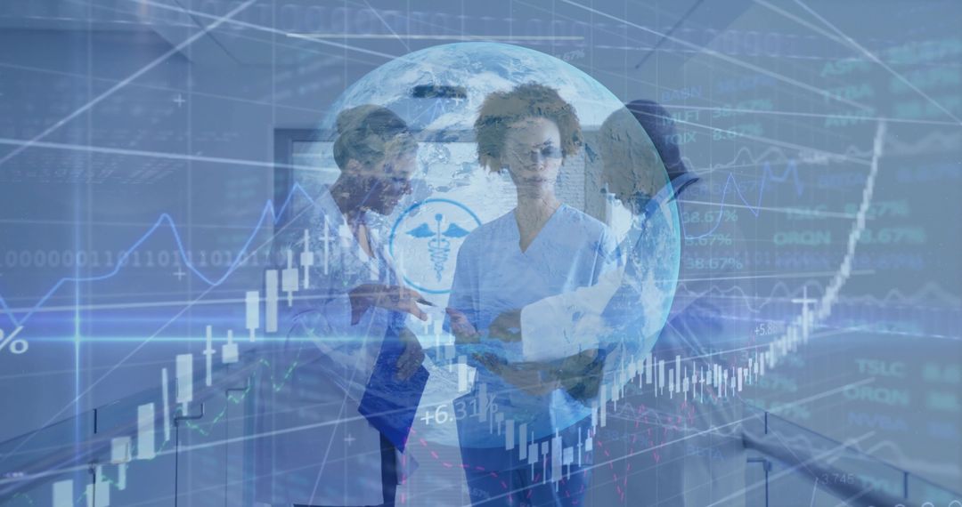 Healthcare Team Collaborating on Global Data Metrics with Digital Charts Overlay