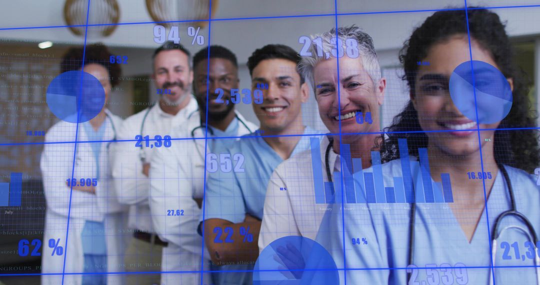 Multicultural medical team smiling with digital healthcare data overlay and analytics