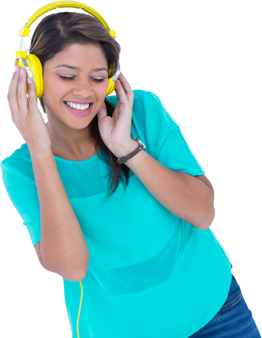 Happy Woman Enjoying Music With Yellow Headphones on Transparent Background - Download Free Stock Images Pikwizard.com