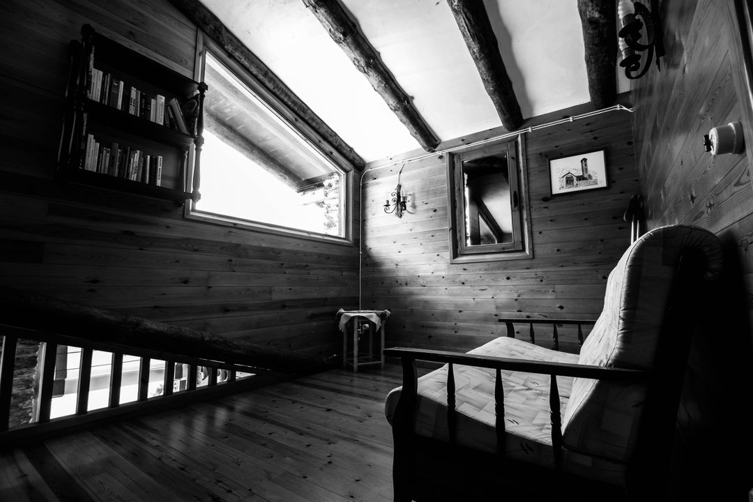Cozy Wooden Cabin Interior with Futon Sofa in Black and White - Free Images, Stock Photos and Pictures on Pikwizard.com