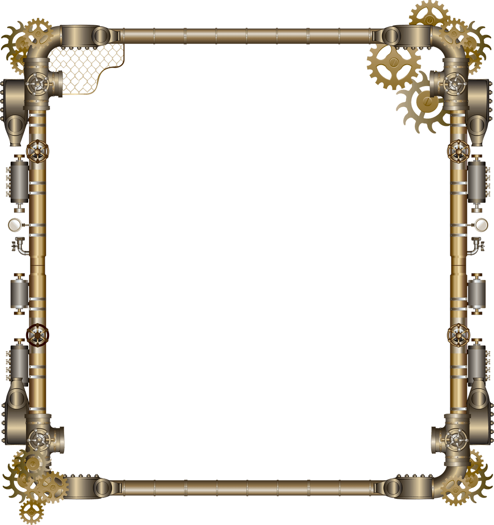 Steampunk Frame Brass Pipes and Gears on Transparent Background