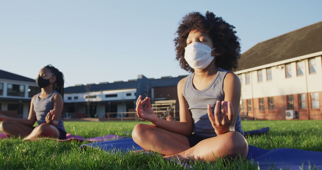 Children Meditating Outdoors with Face Masks - Free Images, Stock Photos and Pictures on Pikwizard.com