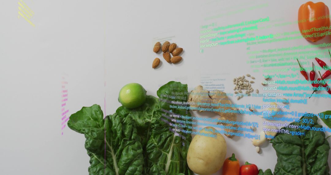 Fresh leafy greens, lime, almonds and peppers with translucent code overlay for food tech