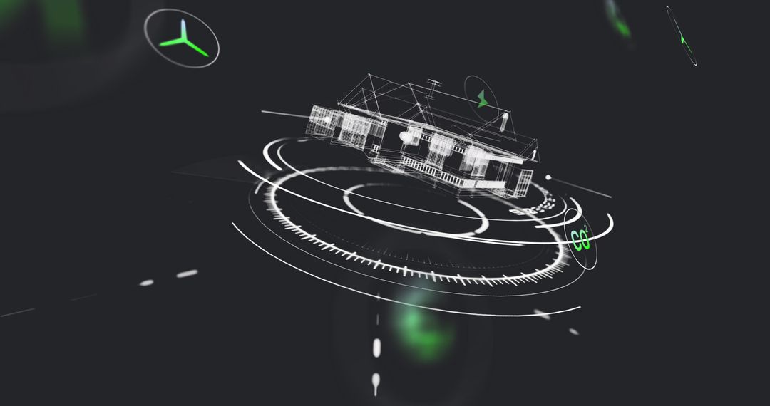 Futuristic Floating 3D House Model with Neon Green Technology Interface