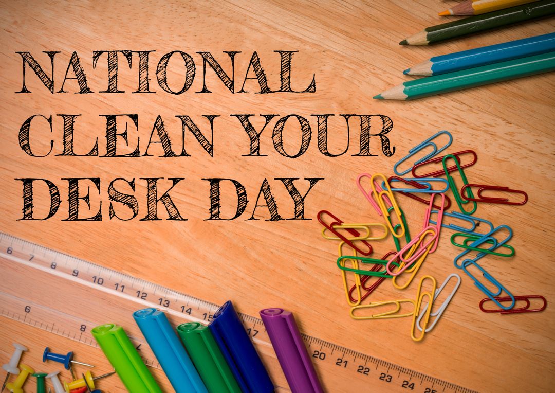 Composite image of national clean your desk day text with office supplies at table - Free Images, Stock Photos and Pictures on Pikwizard.com