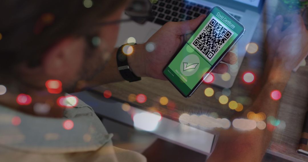 Man Using Smartphone with COVID-19 Vaccination Passport App