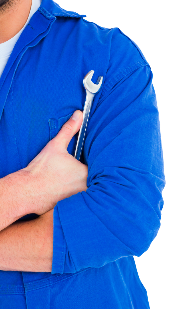 Transparent Background Male Mechanic in Blue Uniform Holding Spanner Close-Up - Download Free Stock Images Pikwizard.com