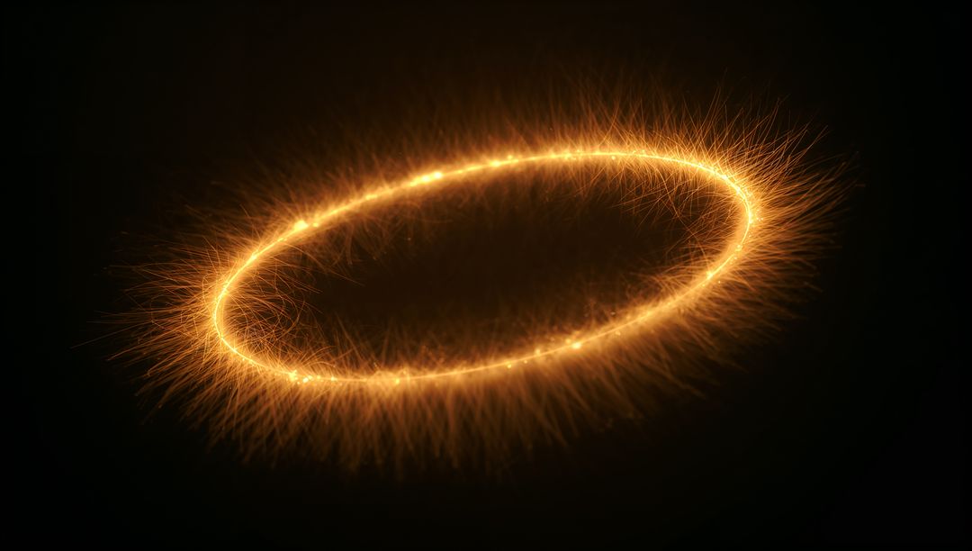 Glowing Golden Oval Spark Ring Emitting Filament Sparks and Halo Glow on Dark Background