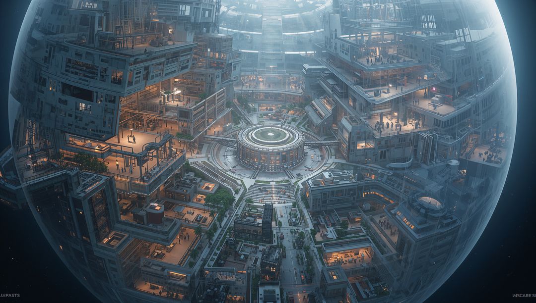 Futuristic spherical habitat showing layered multilevel urban core with central plaza