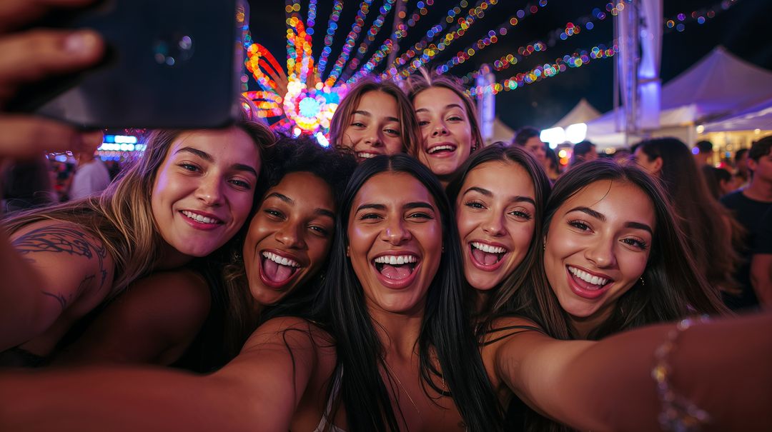 Seven Friends Taking Selfie at Night Carnival under Neon String Lights