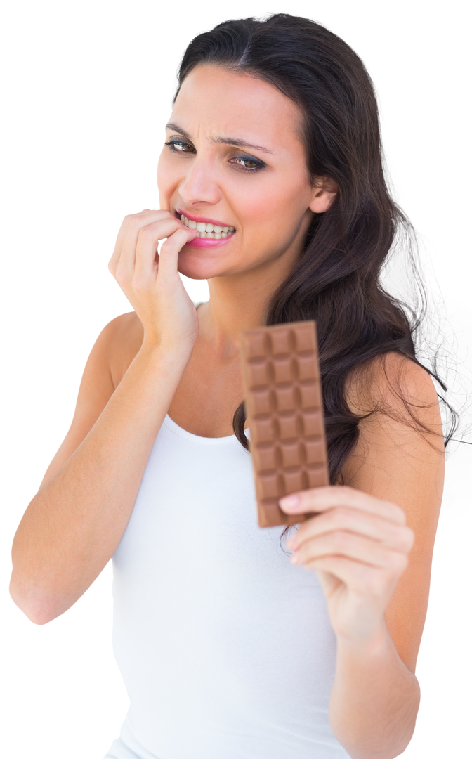 Transparent background: young brunette woman nervously holding chocolate bar - Download Free Stock Images Pikwizard.com