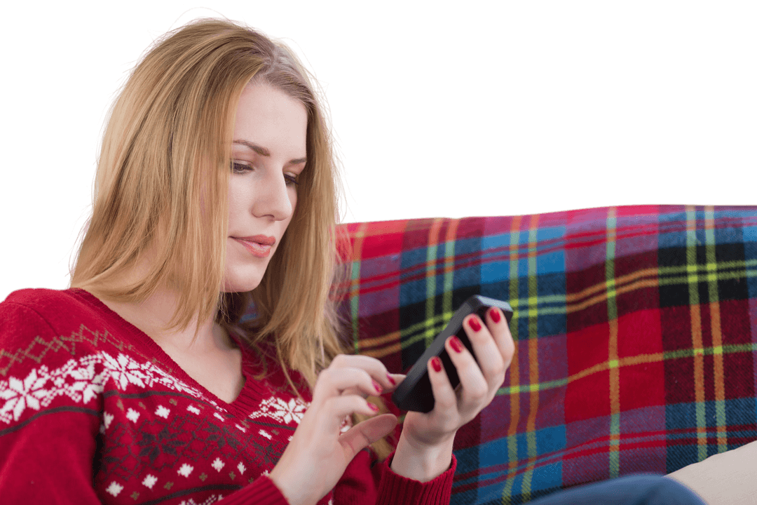 Caucasian Woman Using Smartphone Relaxing Sits on Couch