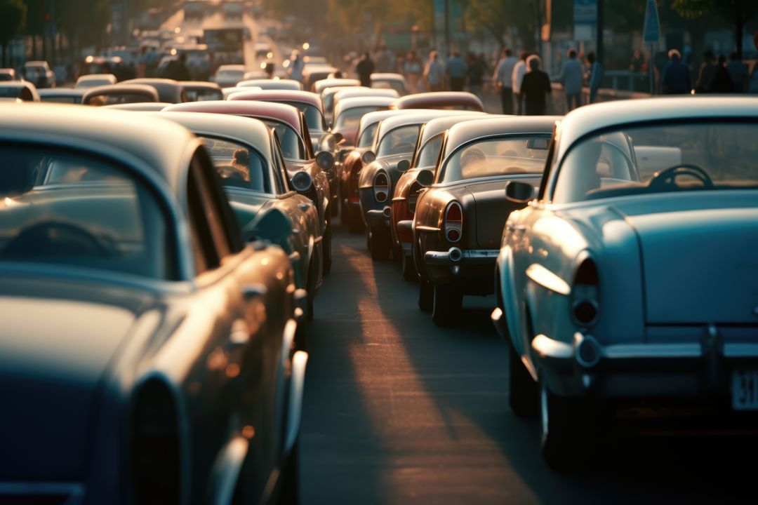 Classic Cars in Traffic Jam During Sunset - Free Images, Stock Photos and Pictures on Pikwizard.com