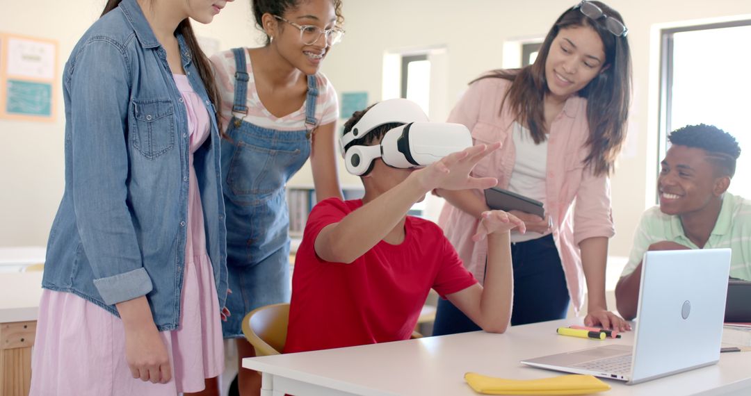 Diverse High School Students Engaging with Virtual Reality in Classroom