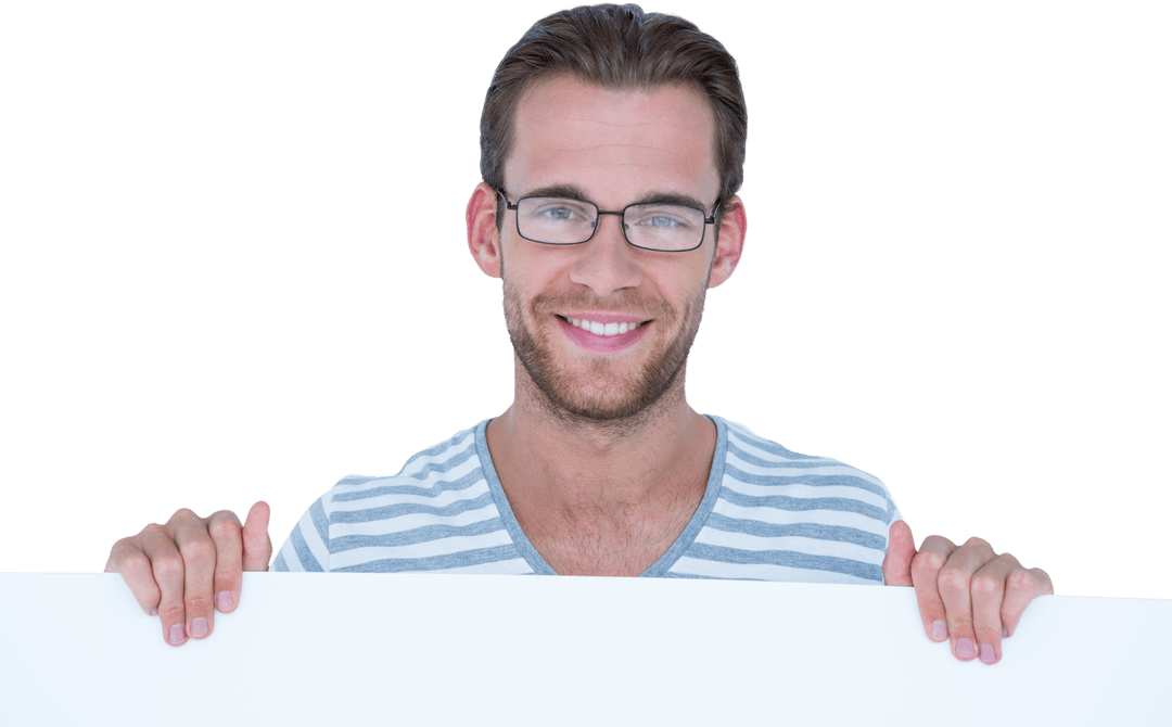 Smiling Man Holding Blank Transparent Billboard Isolated