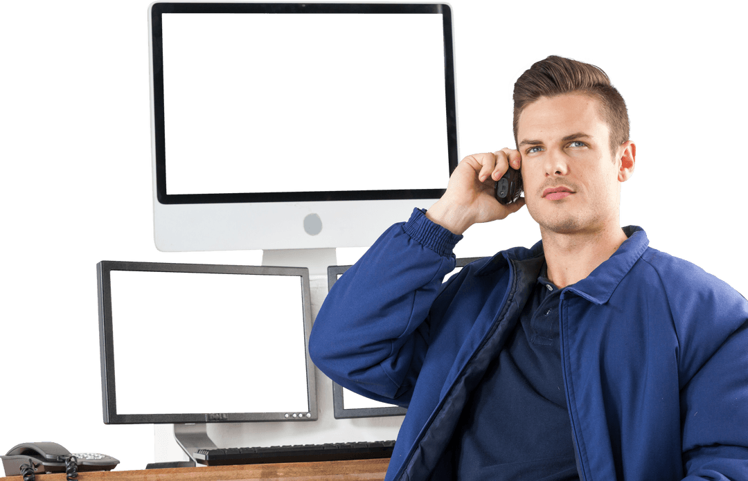 Transparent Security Officer Using Walkie-talkie in Control Room