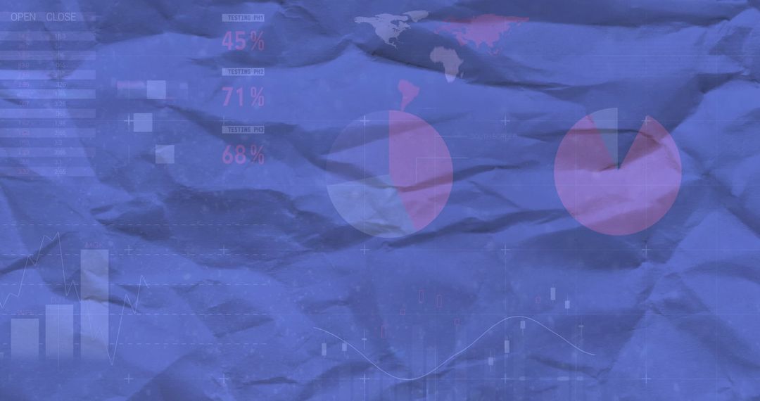 Financial Data Charts on Crumpled Blue Paper Background