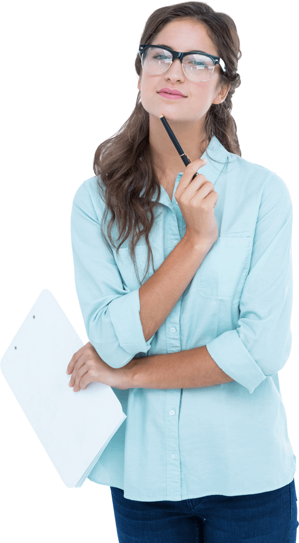 Transparent Thoughtful Woman Holding Clipboard and Pen