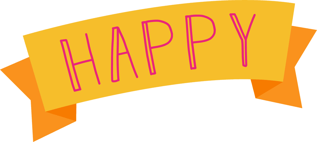 Bright Yellow Orange Ribbon with Pink 'HAPPY' on Transparent Background