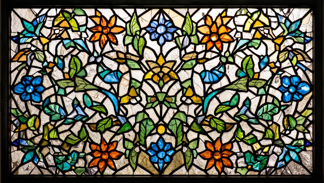 Intricate Stained Glass Panel with Vibrant Floral Design