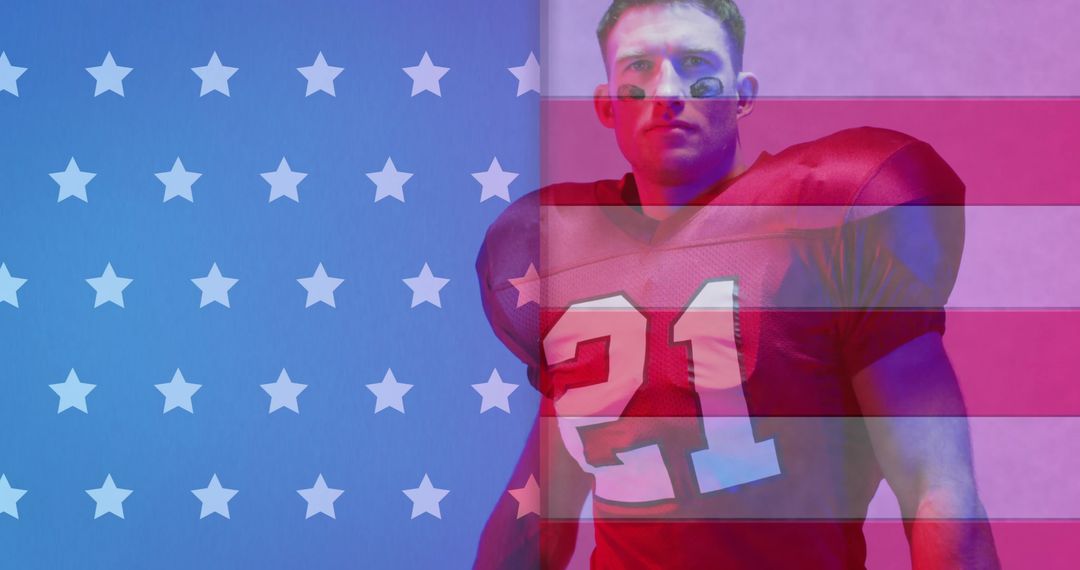 Football Player with USA Flag Overlay Portraying American Pride - Free Images, Stock Photos and Pictures on Pikwizard.com