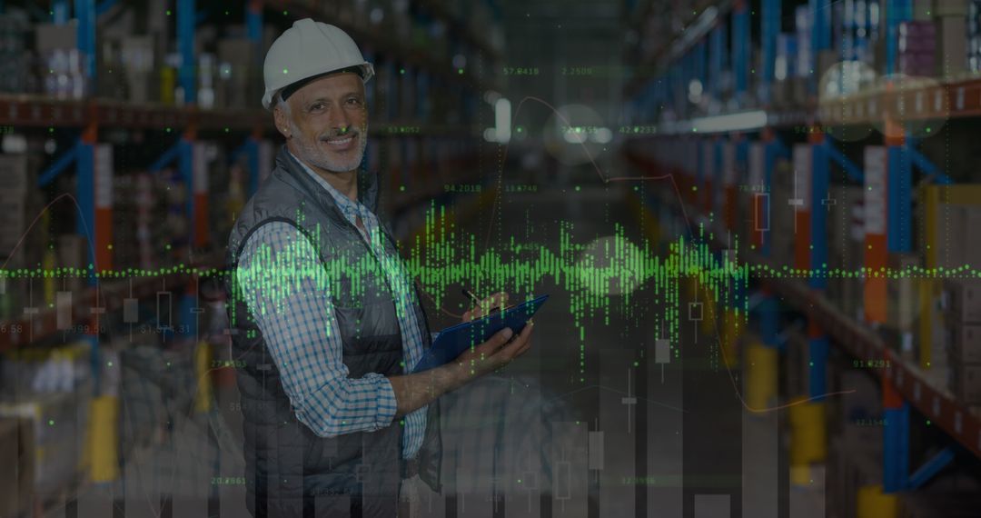 Caucasian Warehouse Worker Analyzing Digital Data Overlay