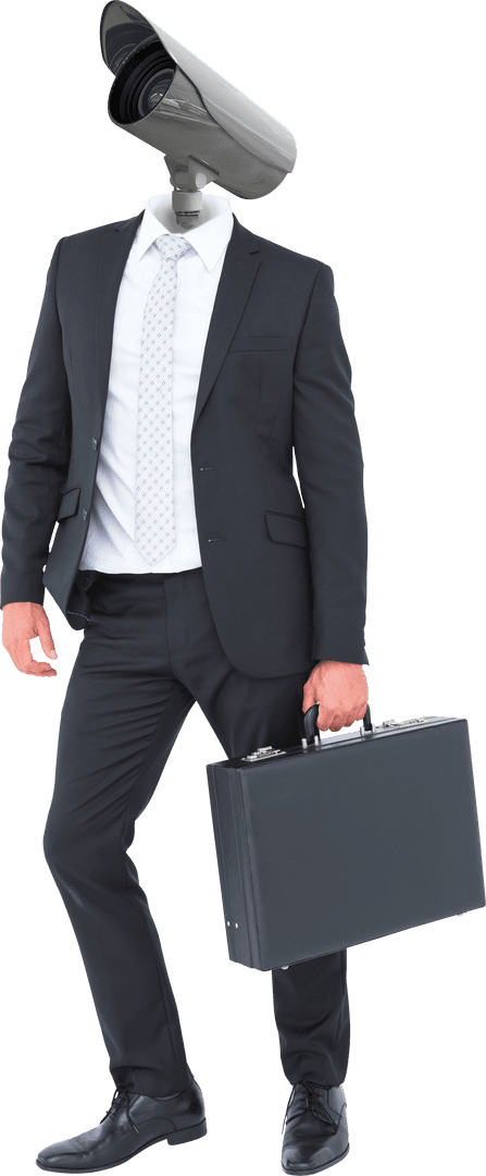Transparent Businessman with CCTV Head Holding Briefcase