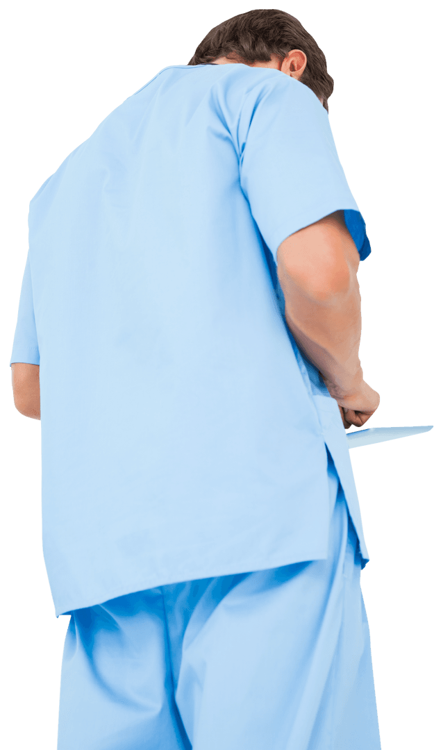 Transparent Surgeon in blue scrubs using Tablet for medical tasks