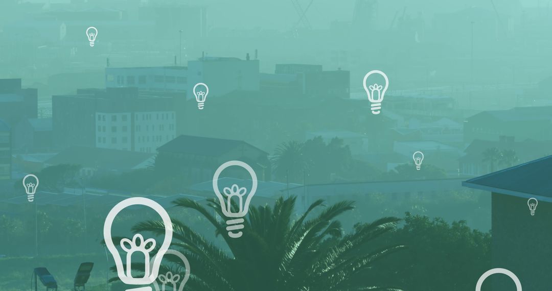 Abstract Cityscape with Floating Light Bulbs Icons