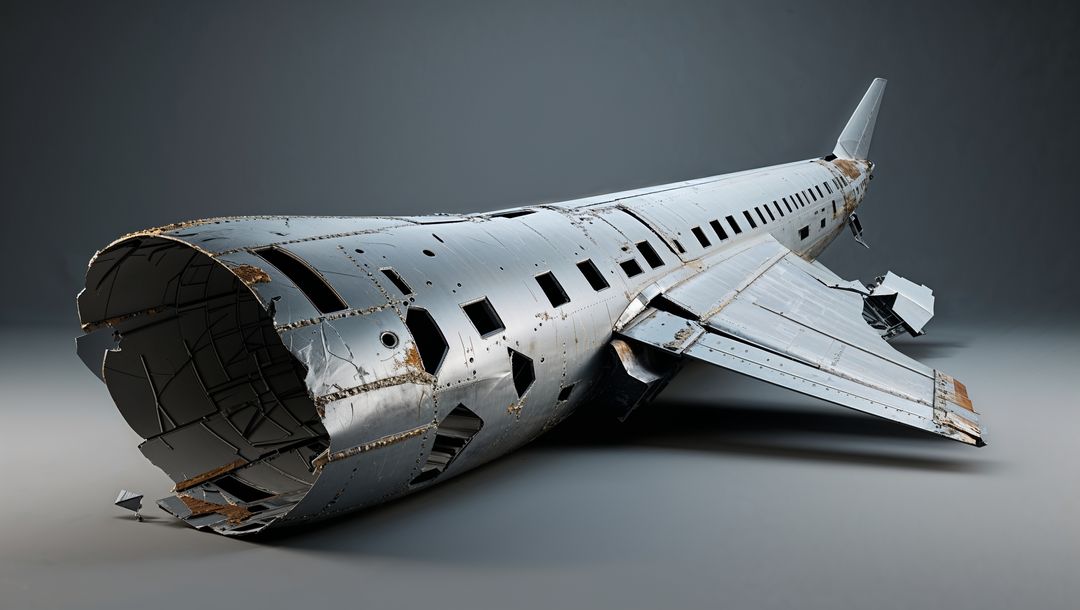 Rusted plane crash segment displayed indoors