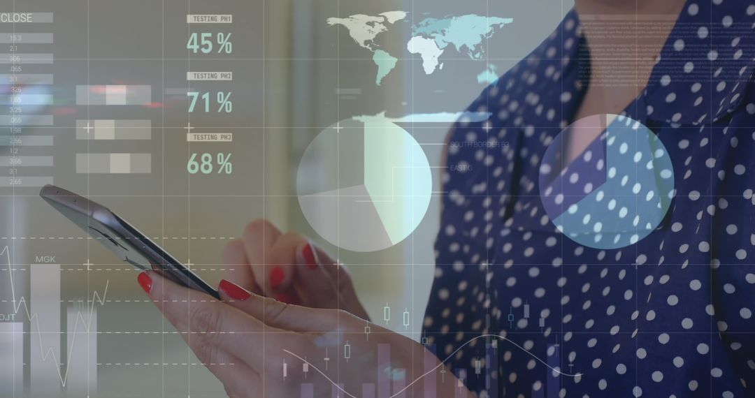 Businesswoman Analyzing Global Data on Smartphone with Digital Interface