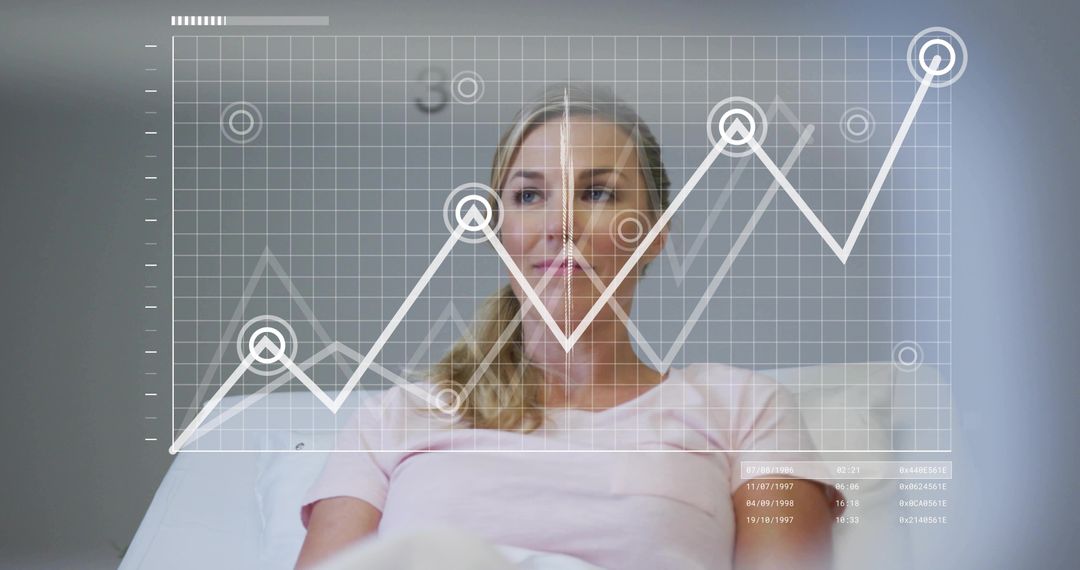Mature woman analyzing digital finance dashboard with rising line graph overlay